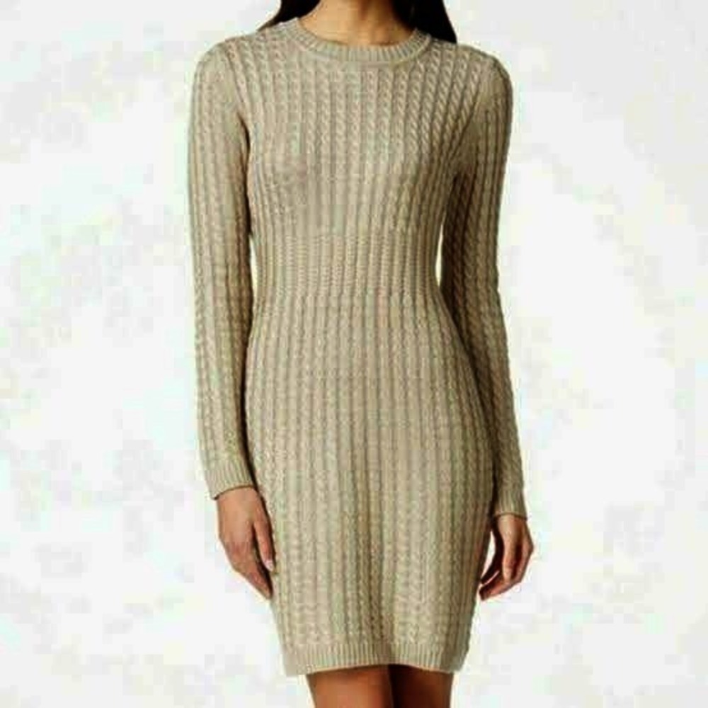 Calvin Klein Cable Knit Sweater Dress Khaki Tan Crew Neck‎ Small Quiet Luxury